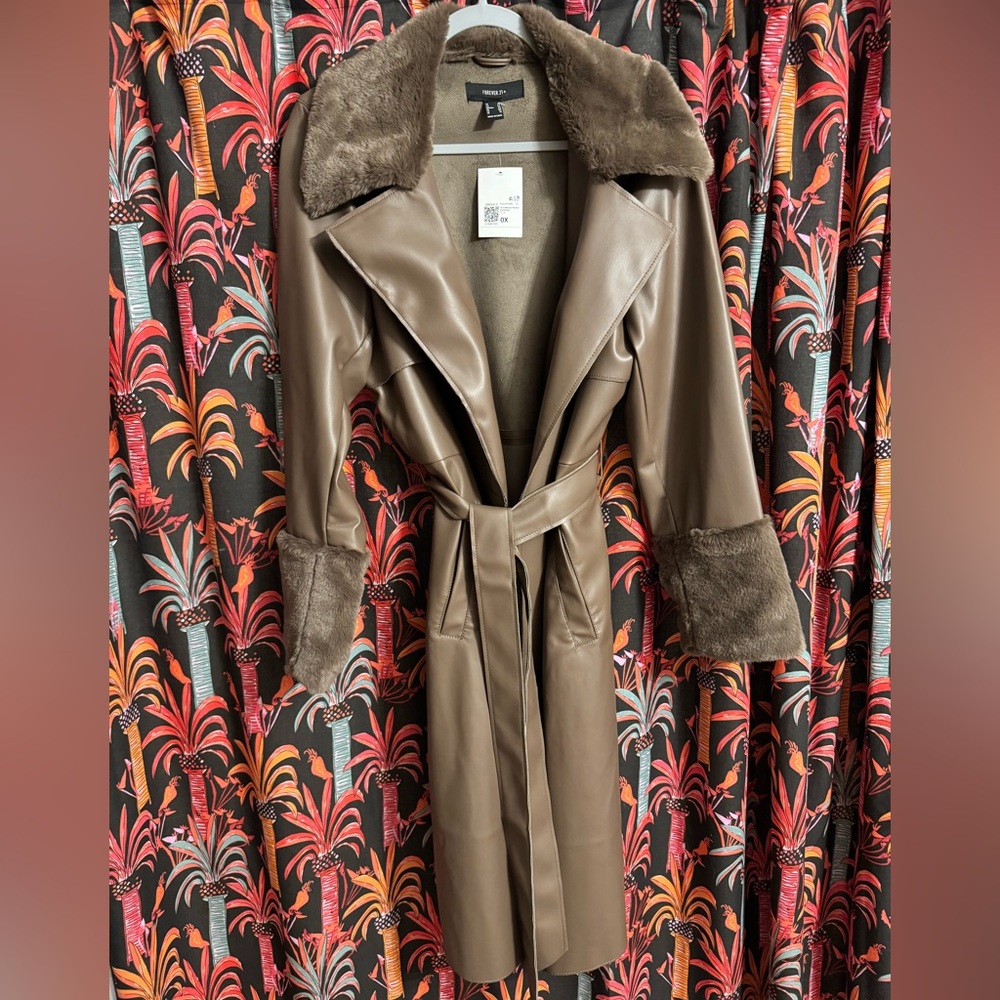 Forever 21 Brown Faux Leather Faux Fur Trimmed Trench NWT